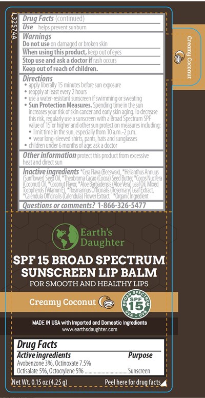 Earths Daughter Creamy Coconut Spf 15 Broad Spectrum Sunscreen Lip Balm 0.15 Oz Label (85034 105 01 Earths Daughter Spf Coconut Jpg)